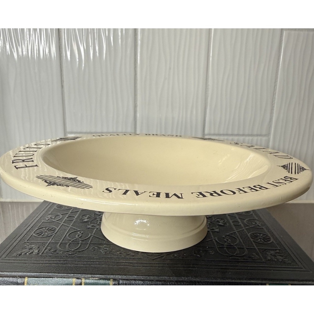 Vintage Style Enamelware Pedestal Fruit Bowl Cream & Black Cottagecore Metal GUC - Picture 2 of 8